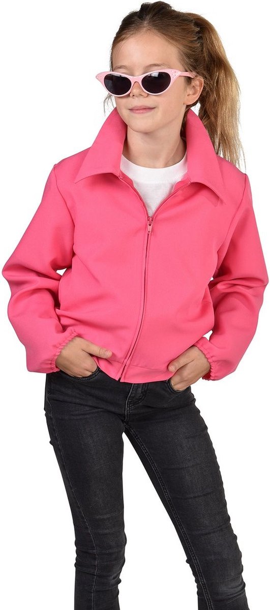 Grease Kostuum | Felle Pink Ladies Grease Jas Donkerroze Meisje | Maat 116-128 | Carnaval kostuum | Verkleedkleding